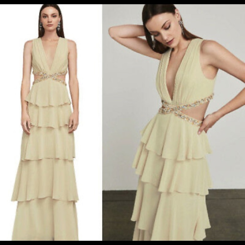 BCBGMaxAzria Regal Champagne Thassia Embellished Tiered Cutout Gown